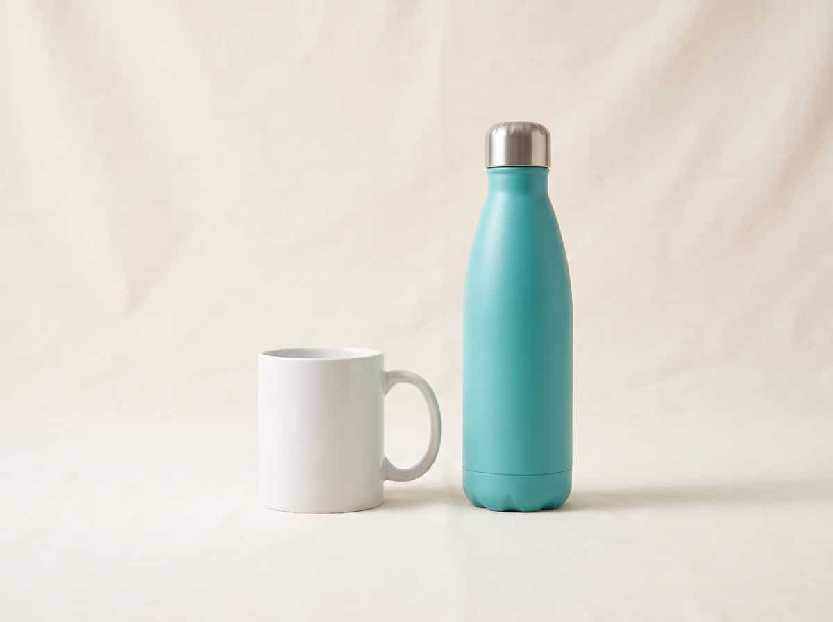 Mug blanc et gourde turquoise à personnaliser